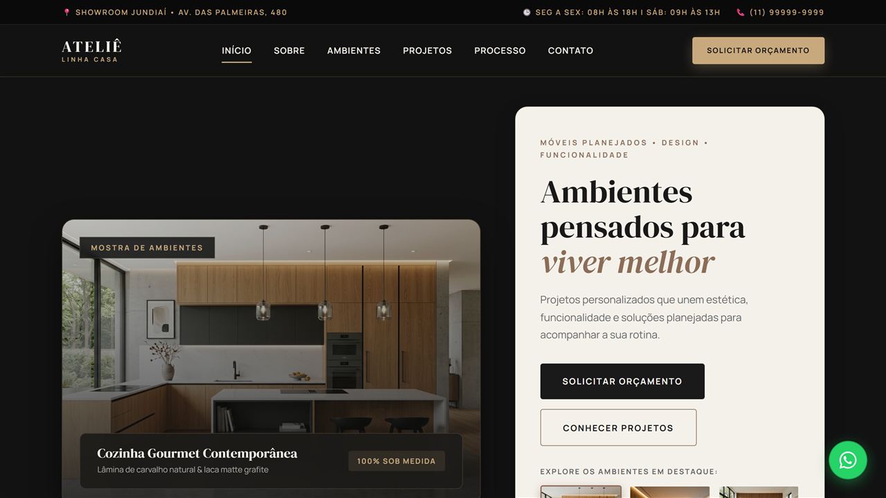Screenshot do site de demonstração Ateliê Linha Casa
