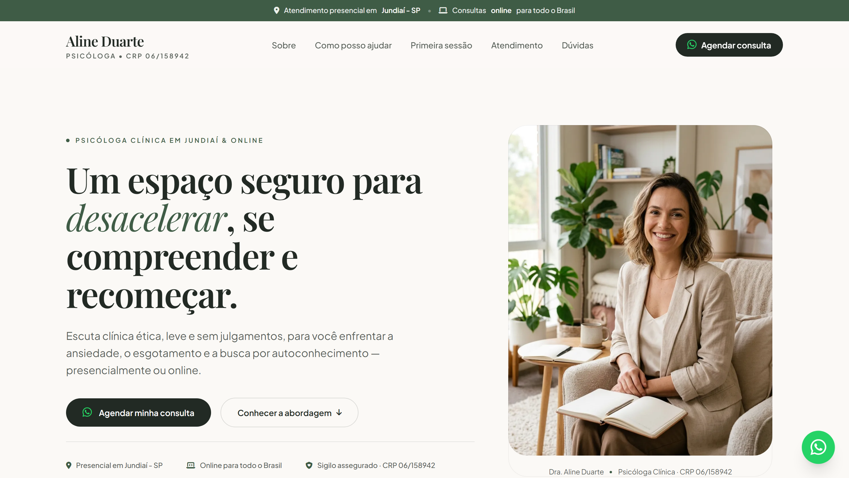 Screenshot do site de demonstração Aline Duarte Psicóloga